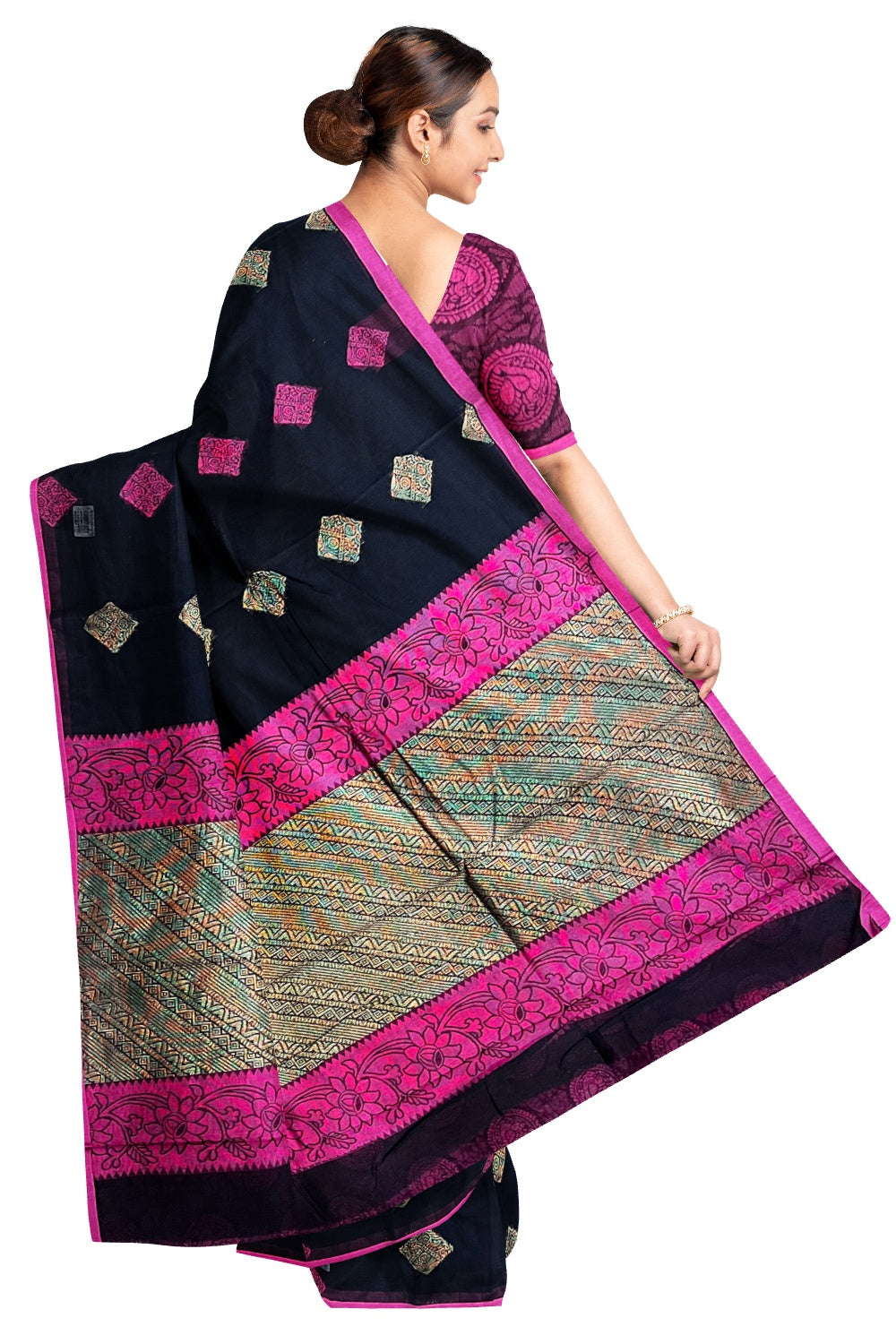 Southloom Black Cotton Designer Saree with Magenta and Zari Woven Patterns
