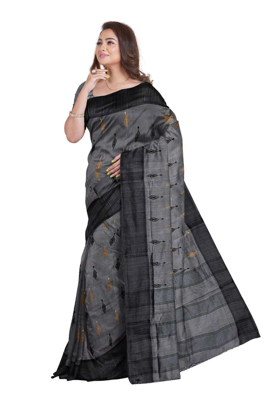 Southloom Grey Semi Tussar Designer Saree with Tassels on Pallu