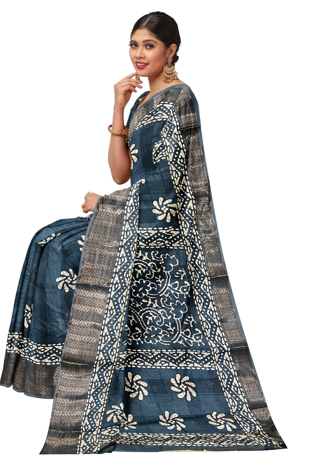 Southloom Greyish Blue Cotton Printed Designer Saree
