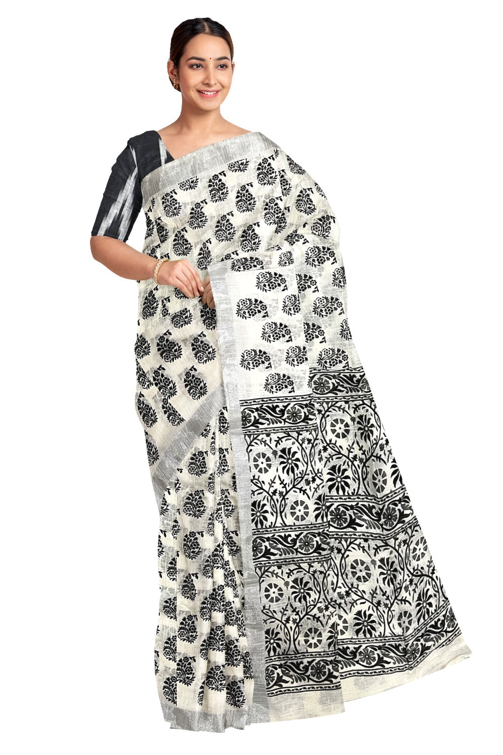 Southloom Linen Designer Saree in Black Prints on White Body and Ikat Printed Blouse Piece