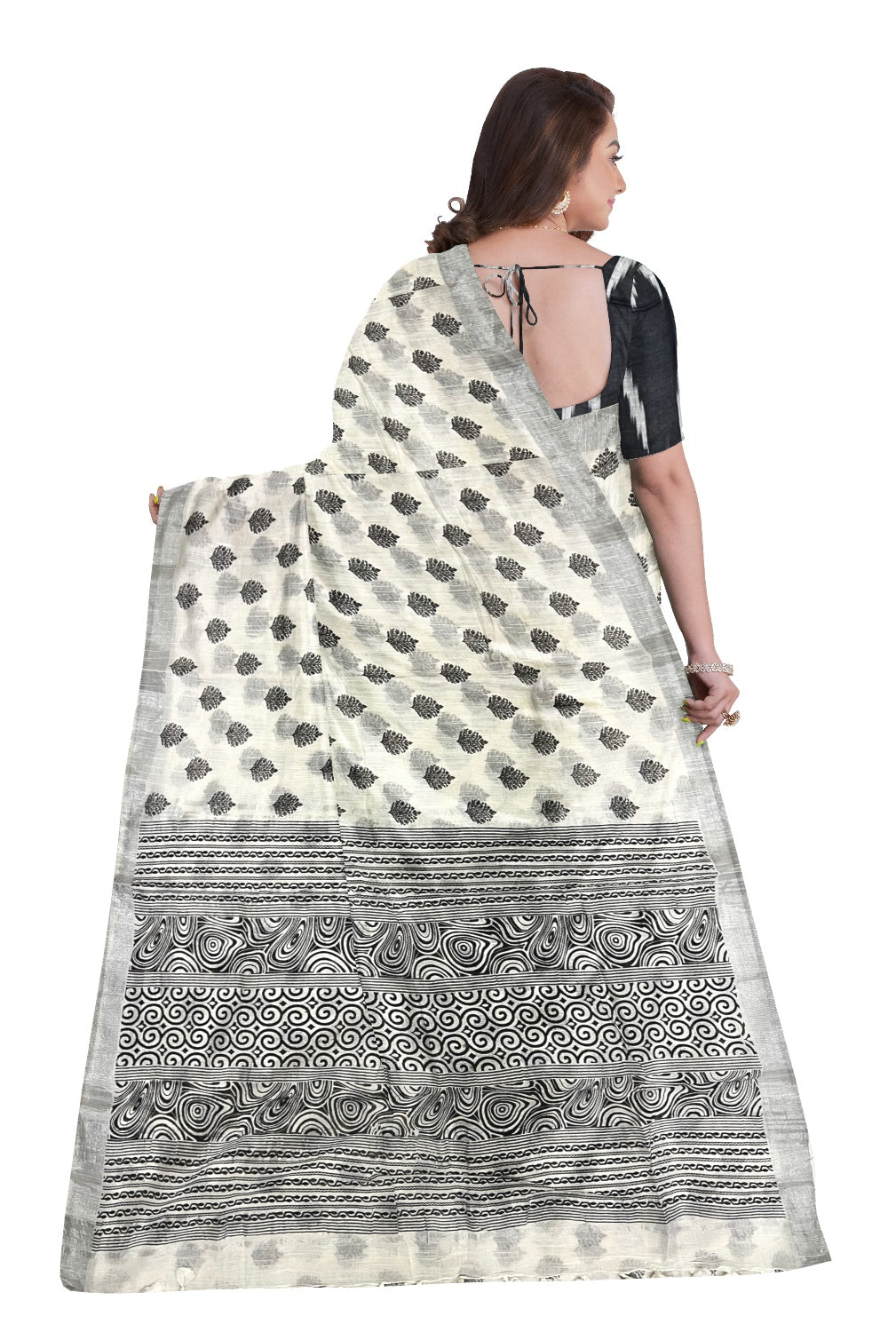 Southloom Linen Designer Saree with Black Prints on White Body and Ikat Printed Blouse Piece