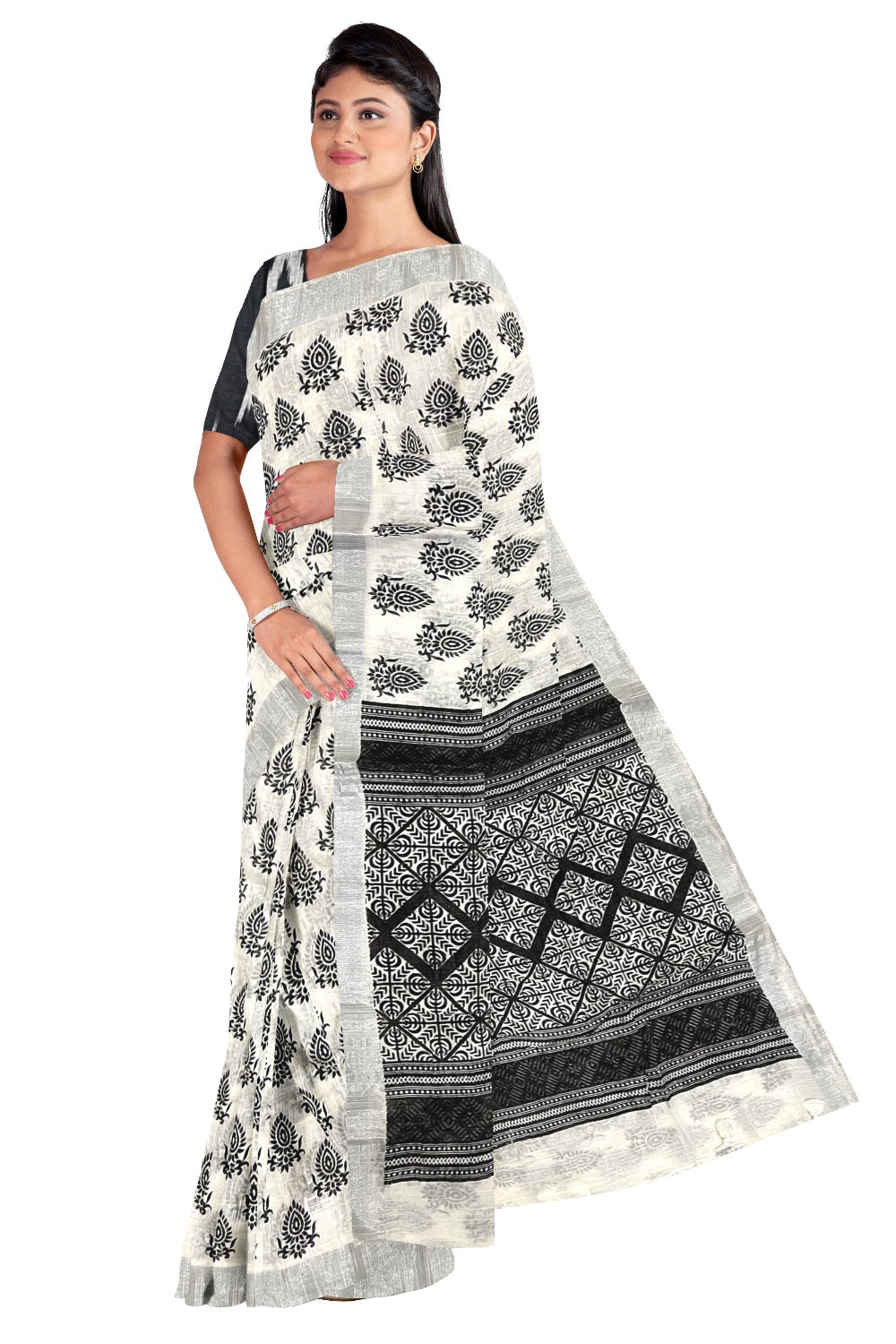 Southloom Linen Designer Saree with Black Prints on White Body and Ikat Printed Blouse Piece