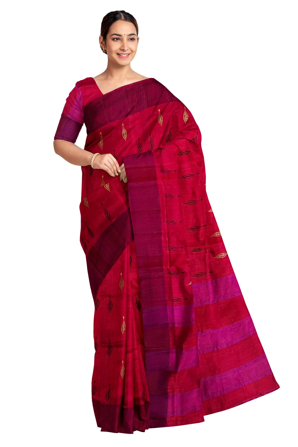 Southloom Red Semi Tussar Designer Saree with Tassels on Pallu