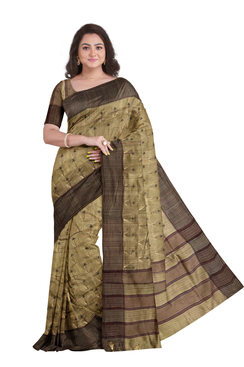 Southloom Light Brown Semi Silk Designer Thread Work Saree with Tassels on Pallu