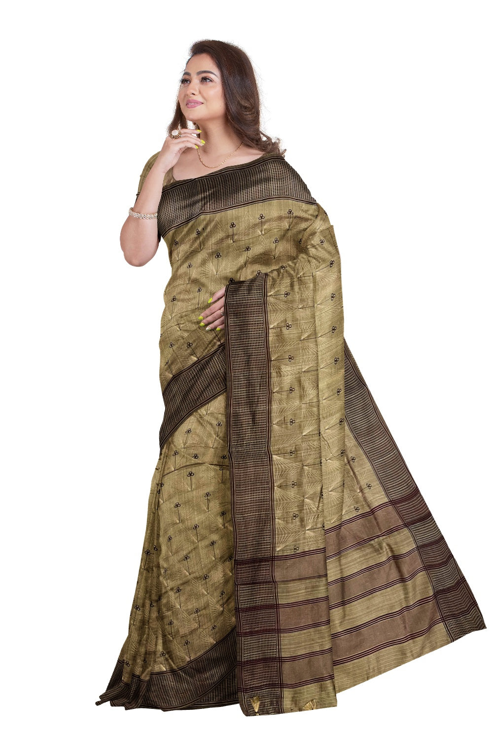 Southloom Light Brown Semi Silk Designer Thread Work Saree with Tassels on Pallu