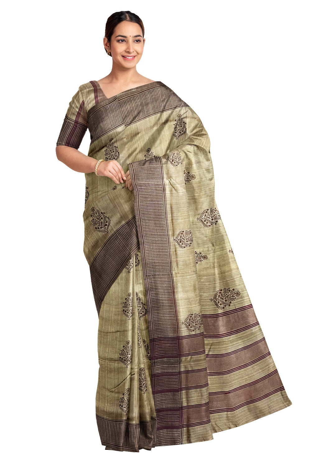 Southloom Light Brown Semi Tussar Thread Work Designer Saree with Tassels on Pallu