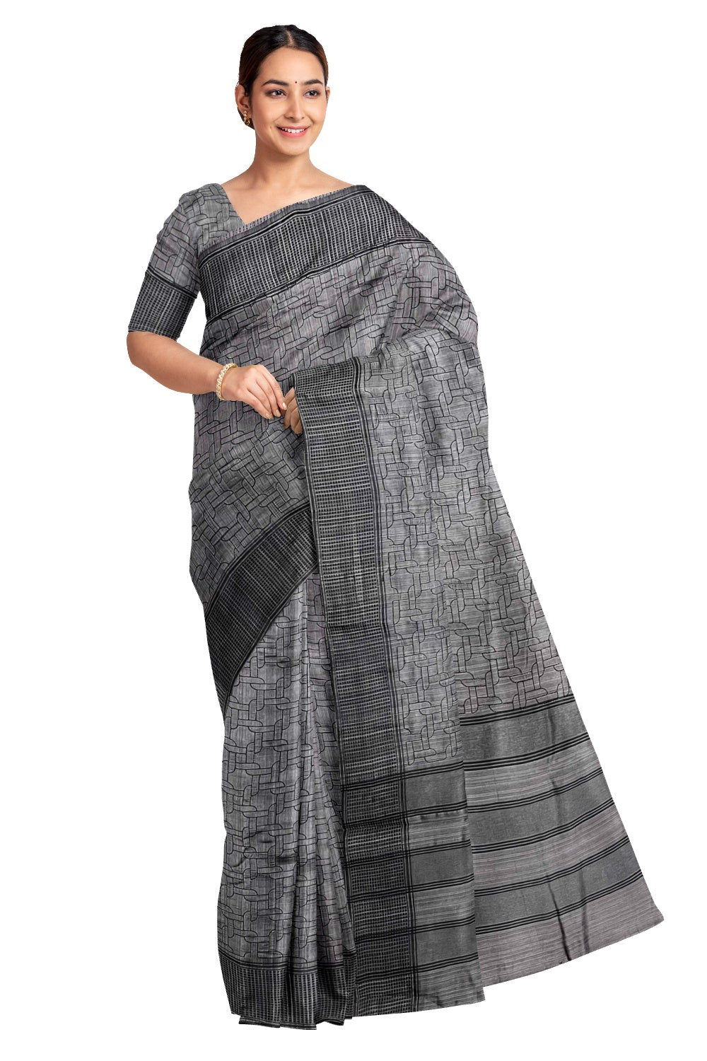 Southloom Grey Semi Tussar Designer Thread Work Saree with Tassels on Pallu