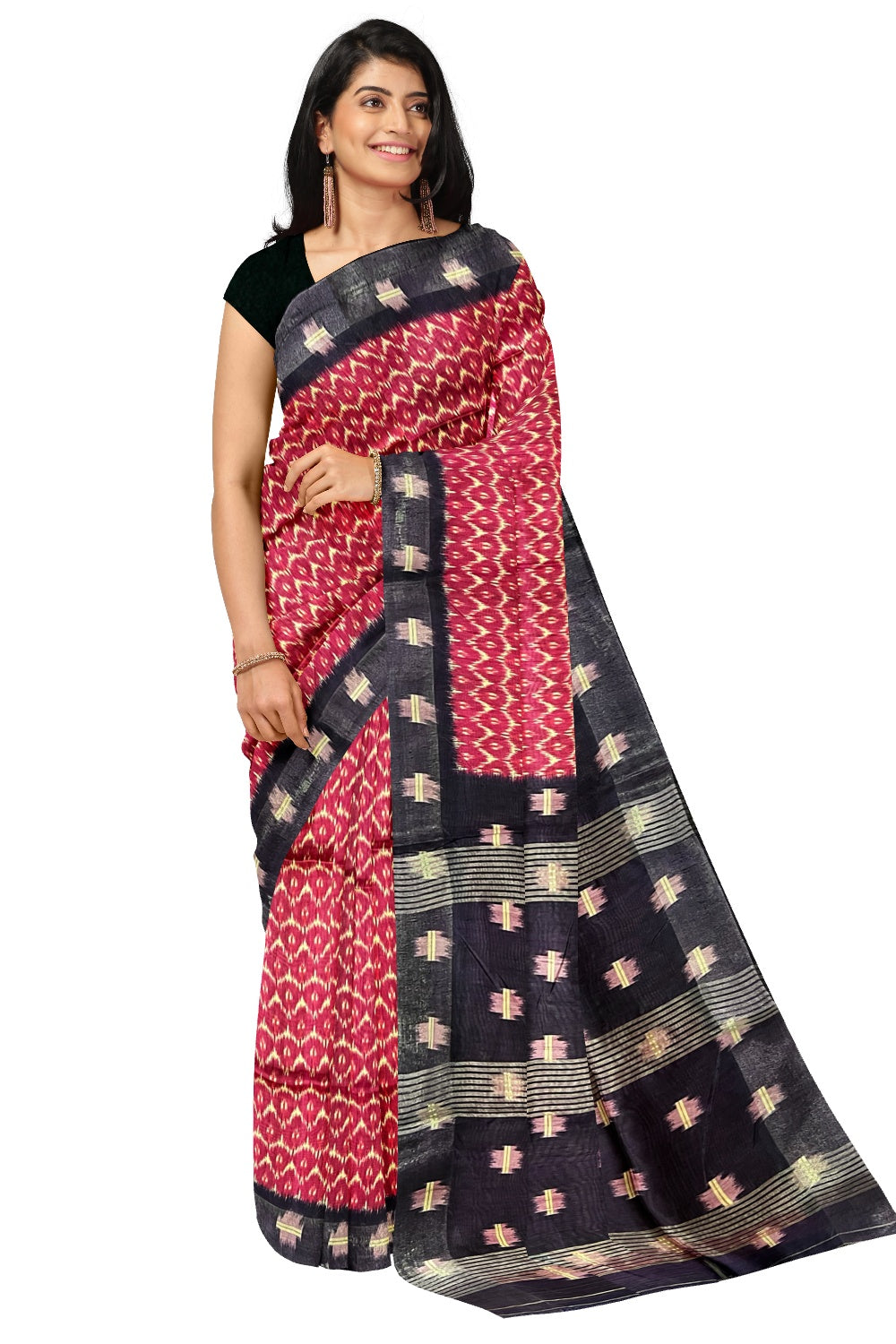 Southloom Tussar Silk Pochampally Themed Rose and White Printed Saree