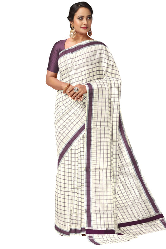 Pure Cotton Kerala Purple Check Design Saree with Silver Kasavu and Purple Border