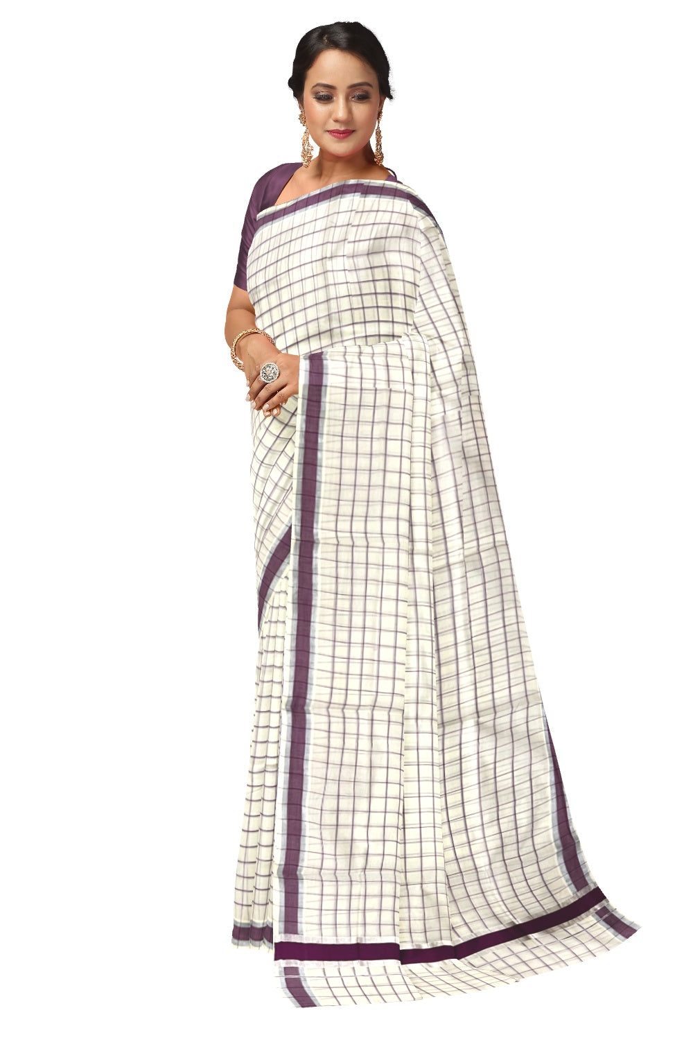 Pure Cotton Kerala Purple Check Design Saree with Silver Kasavu and Purple Border