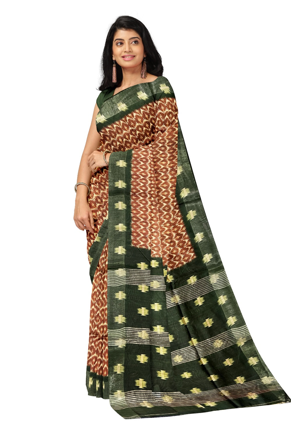 Southloom Tussar Silk Pochampally Themed Brown and White Printed Saree