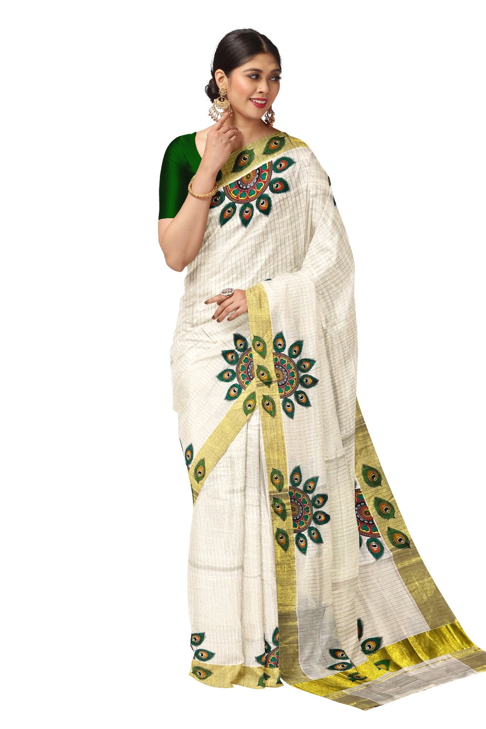 Pure Cotton Kerala Kasavu Lines Saree with Semi Circle Feather Mural Prints and Tassels Work