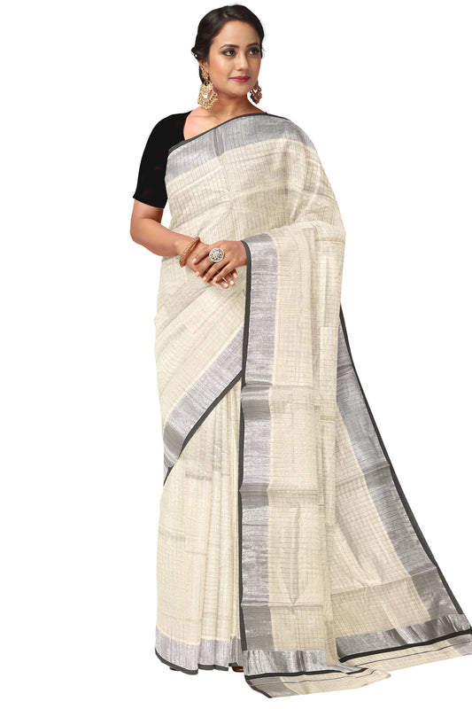 Kerala Cotton Silver Kasavu Check Design Design Saree with Silver and Black Border