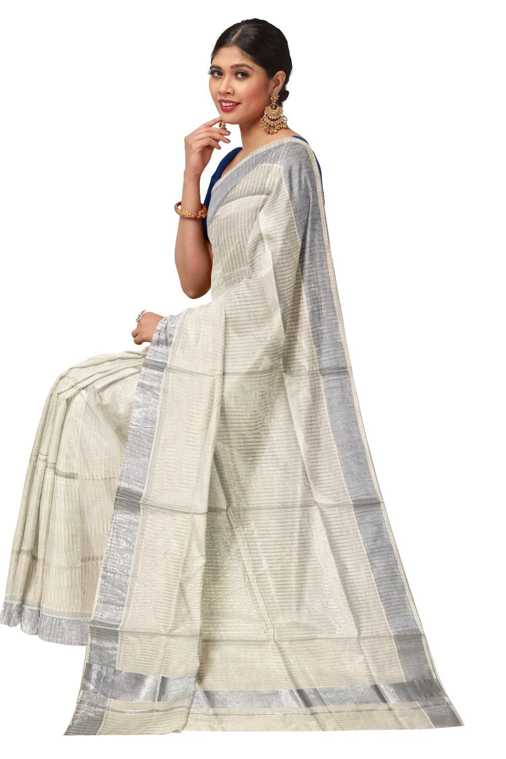 Pure Cotton Kerala Saree with Silver Lines Design on Body and Silver Border