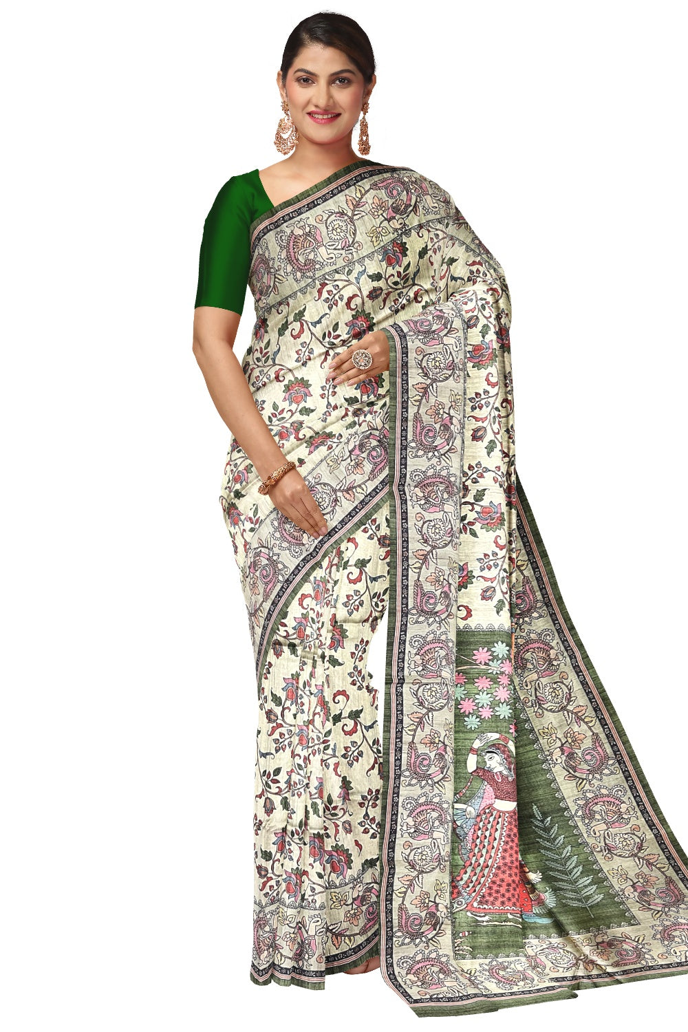 Southloom Tussar Silk Kalamkari Design Vishu Themed Krishna Radha Saree