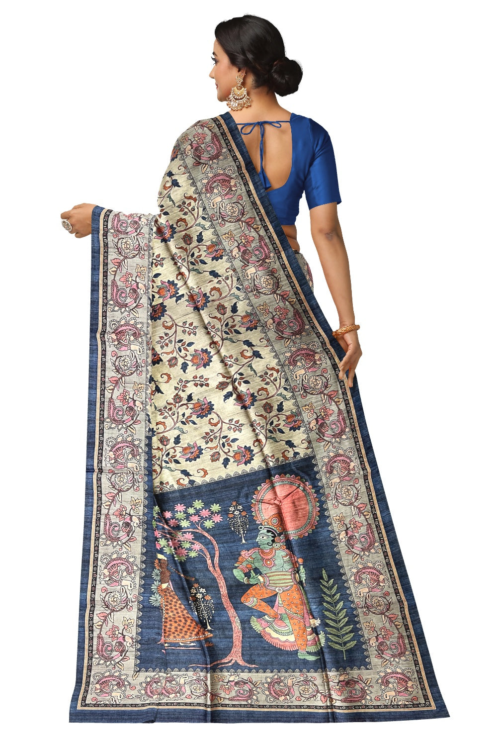 Southloom Tussar Silk Kalamkari Design Vishu Themed Krishna Radha Saree