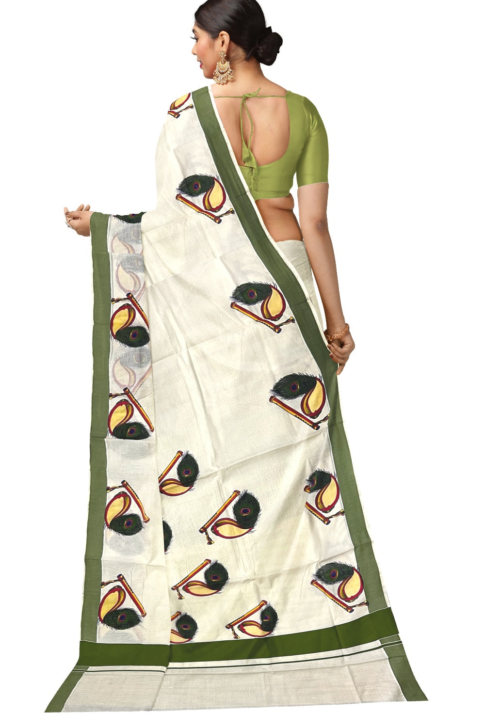 Kerala Pure Cotton Green Border Saree with Feather and Shell Mural Printed Design