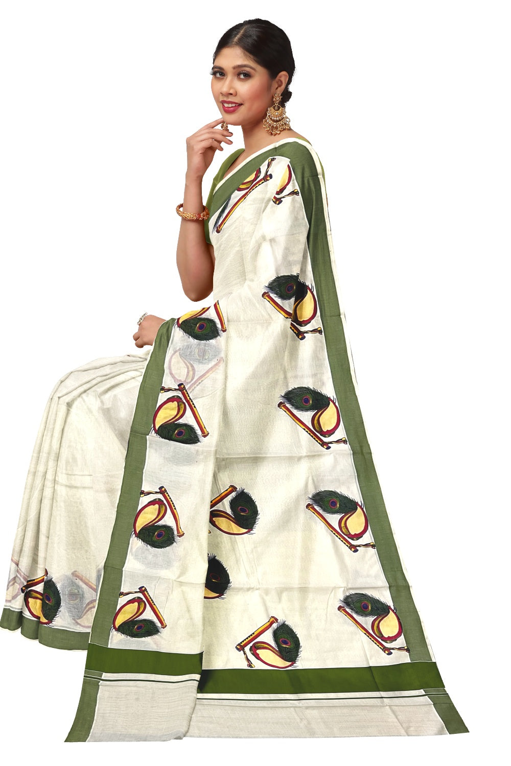Kerala Pure Cotton Green Border Saree with Feather and Shell Mural Printed Design