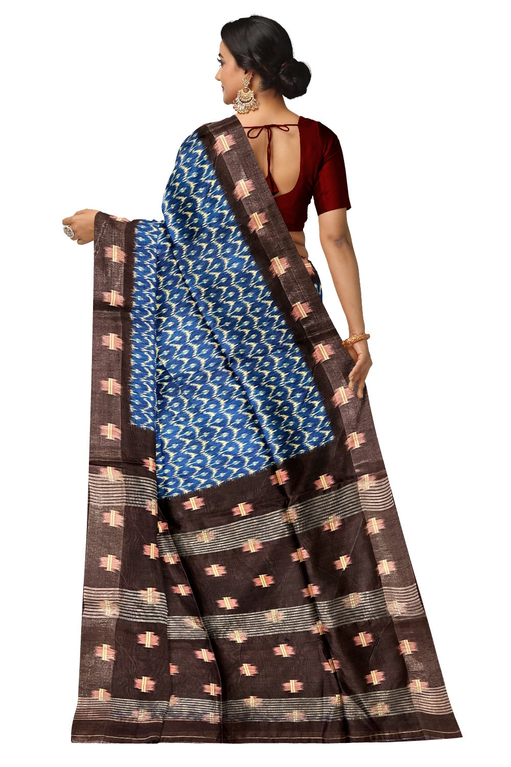 Southloom Tussar Silk Pochampally Themed Blue and White Printed Saree