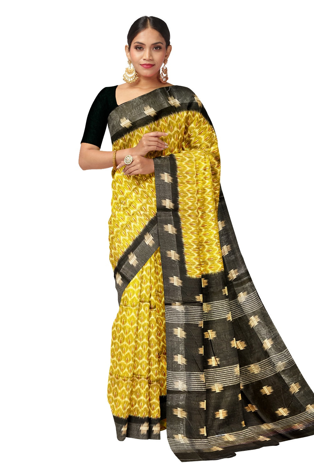 Southloom Tussar Silk Pochampally Themed Yellow and Red Printed Saree