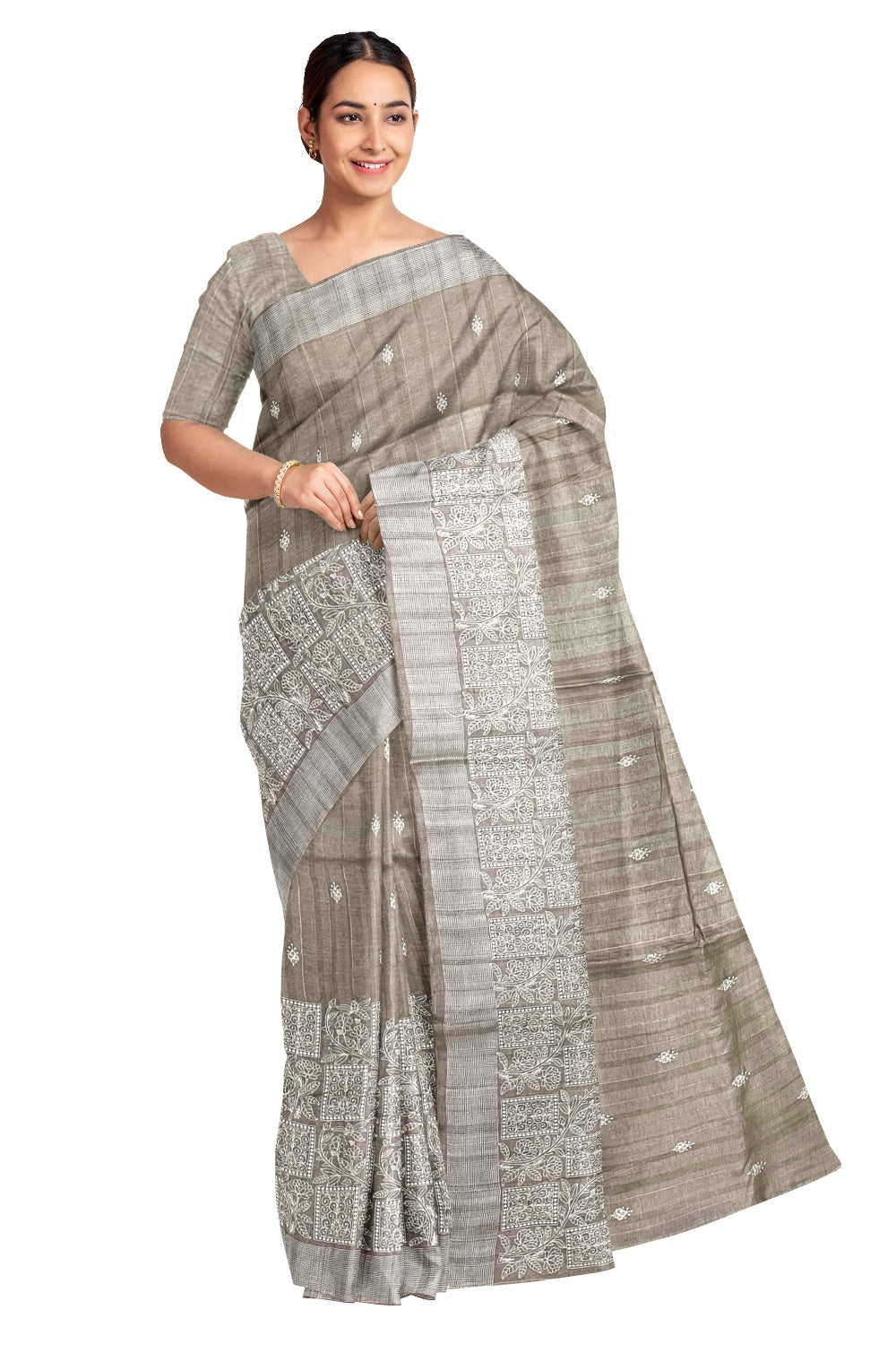 Southloom Beige Semi Silk Designer Thread Work Saree with Butta Works