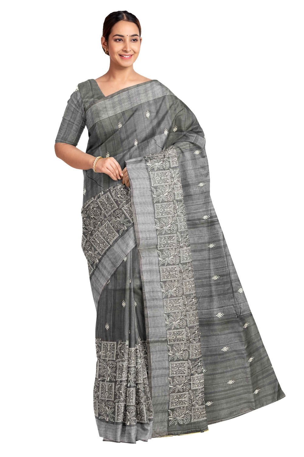 Southloom Grey Semi Silk Designer Thread Work Saree with Butta Works
