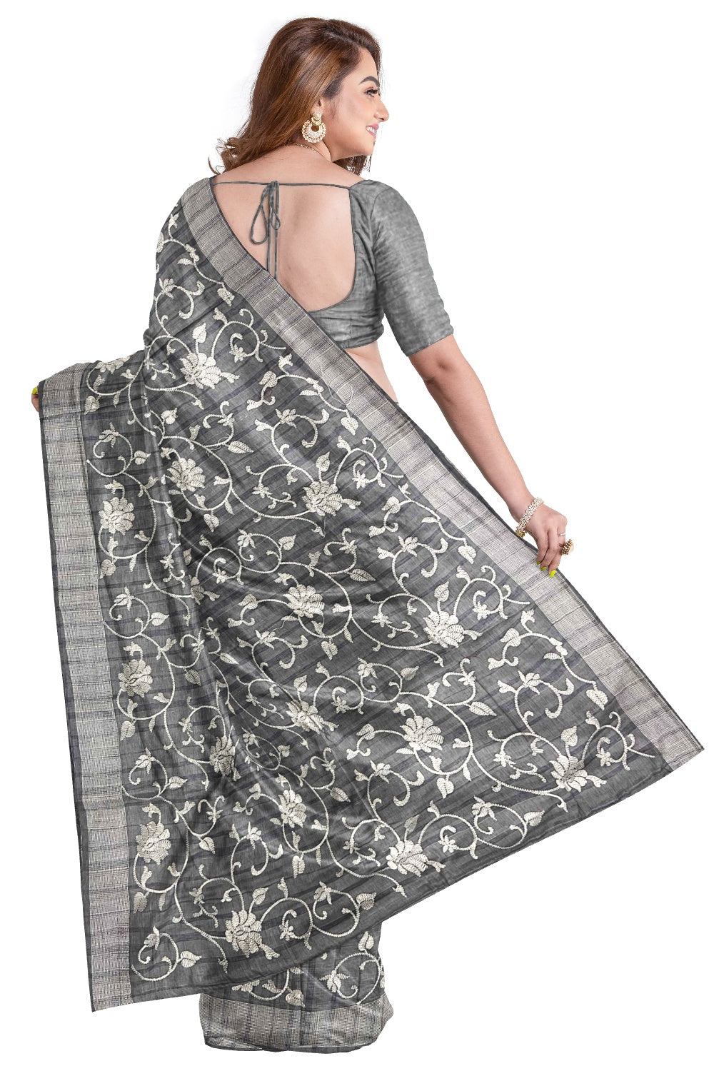 Southloom Grey Cotton Designer Thread Work Saree