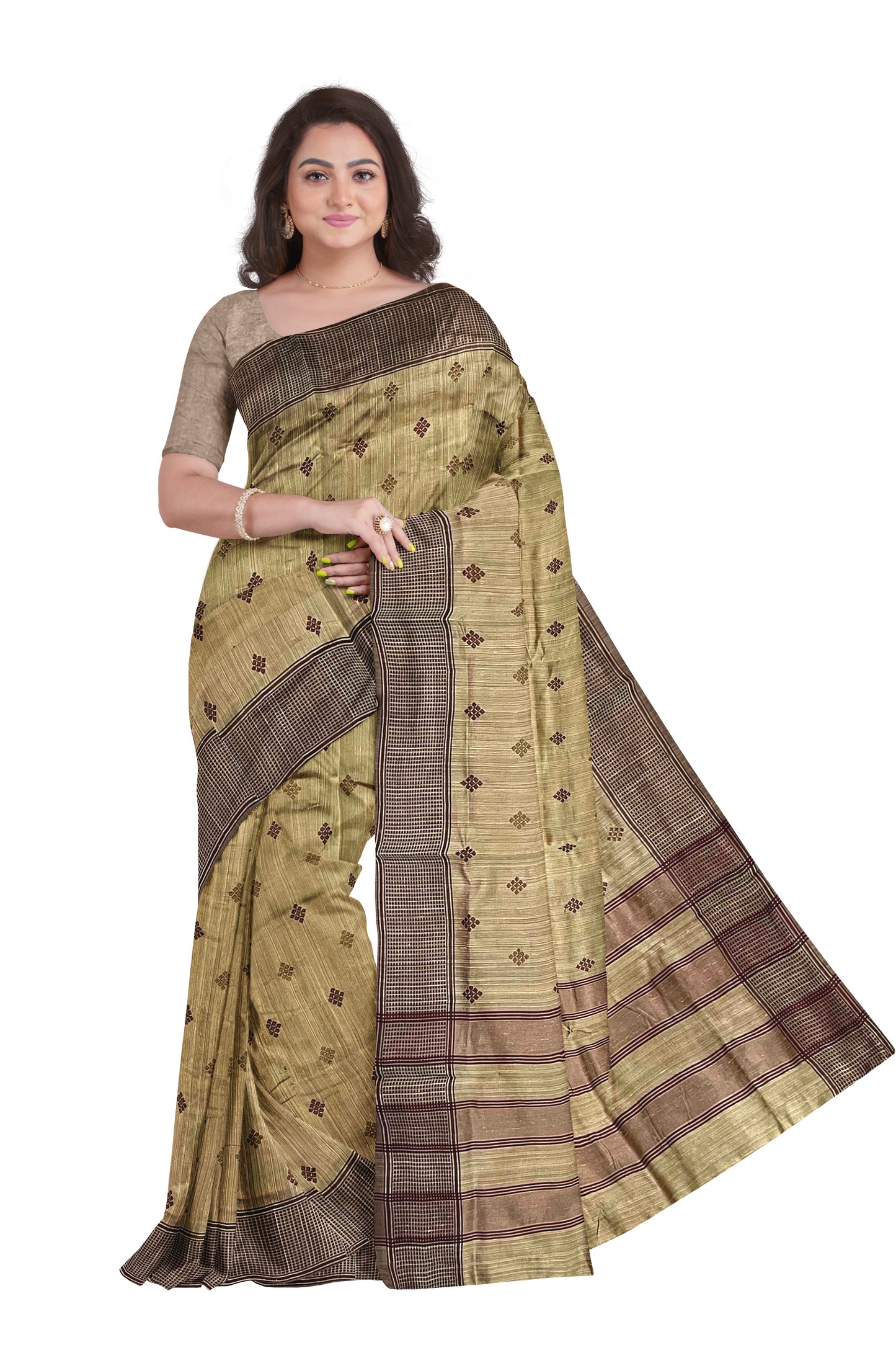 Southloom Light Brown Semi Sik Designer Saree with Butta Works and Tassels