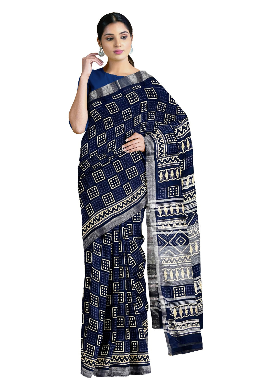 Southloom Linen Blue and White Designer Saree with Tassels