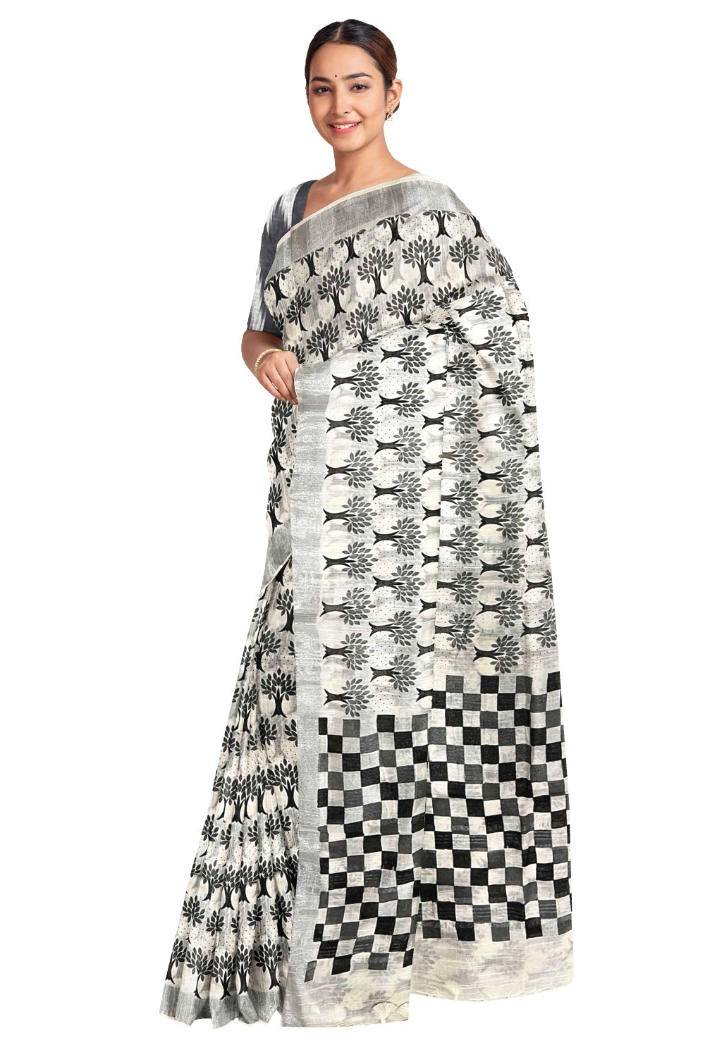 Southloom Linen White and Black Designer Saree with Tassels