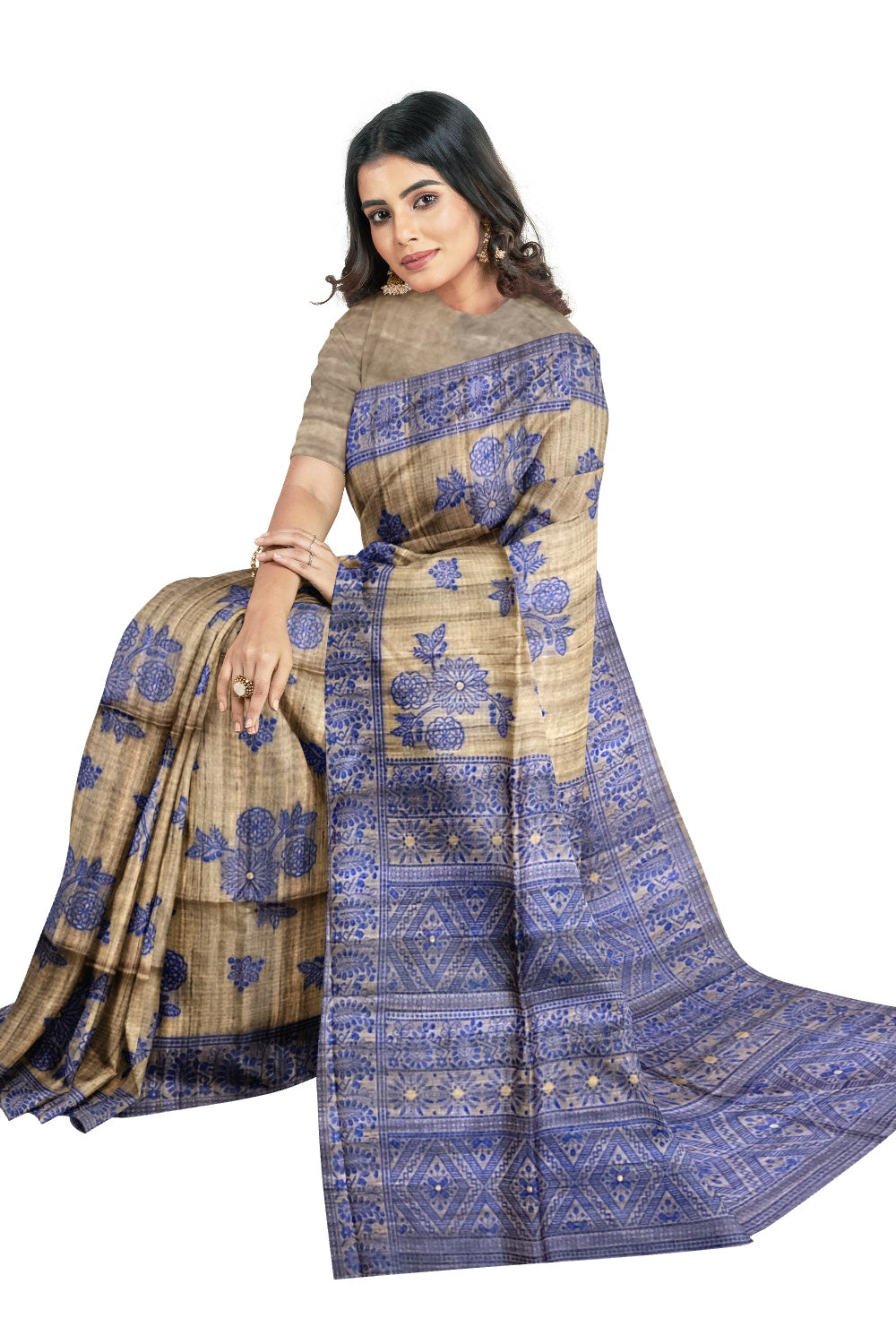 Southloom Semi Tussar Blue Floral Print on Grey Designer Saree and Blue Pallu