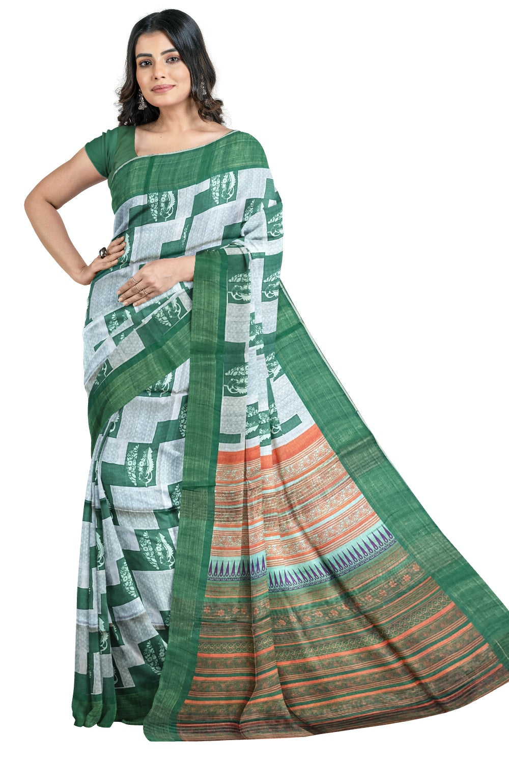 Southloom Semi Tussar Grey Green Designer Saree with Green Organza Design Pallu