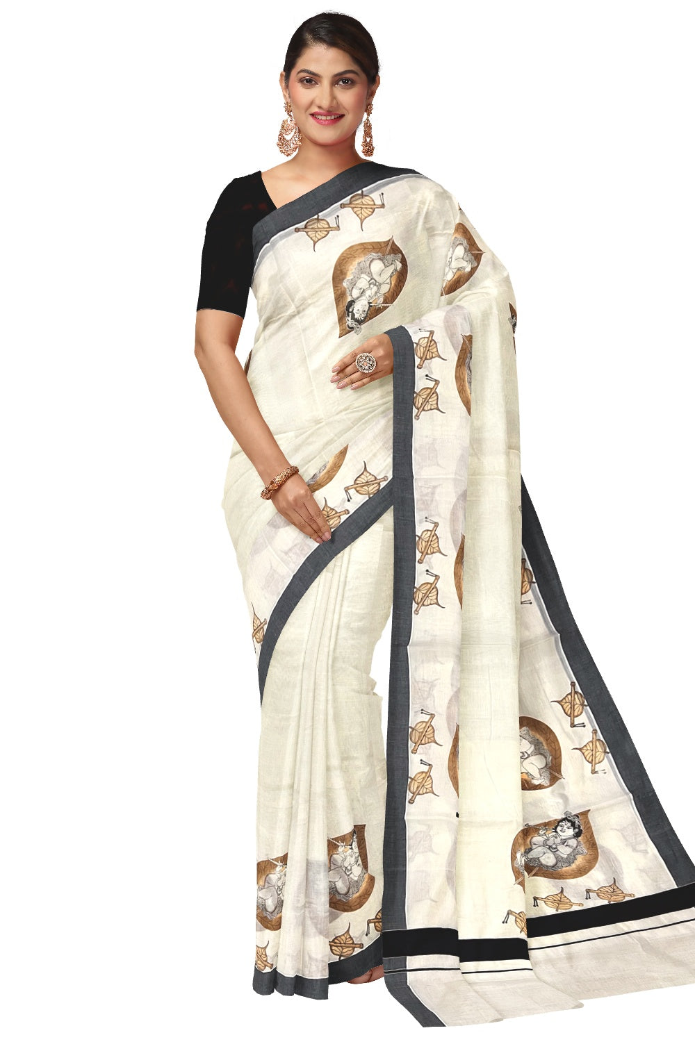 Kerala Pure Cotton Saree with Mural Printed Baby Krishna on Leaf Design and Black Border