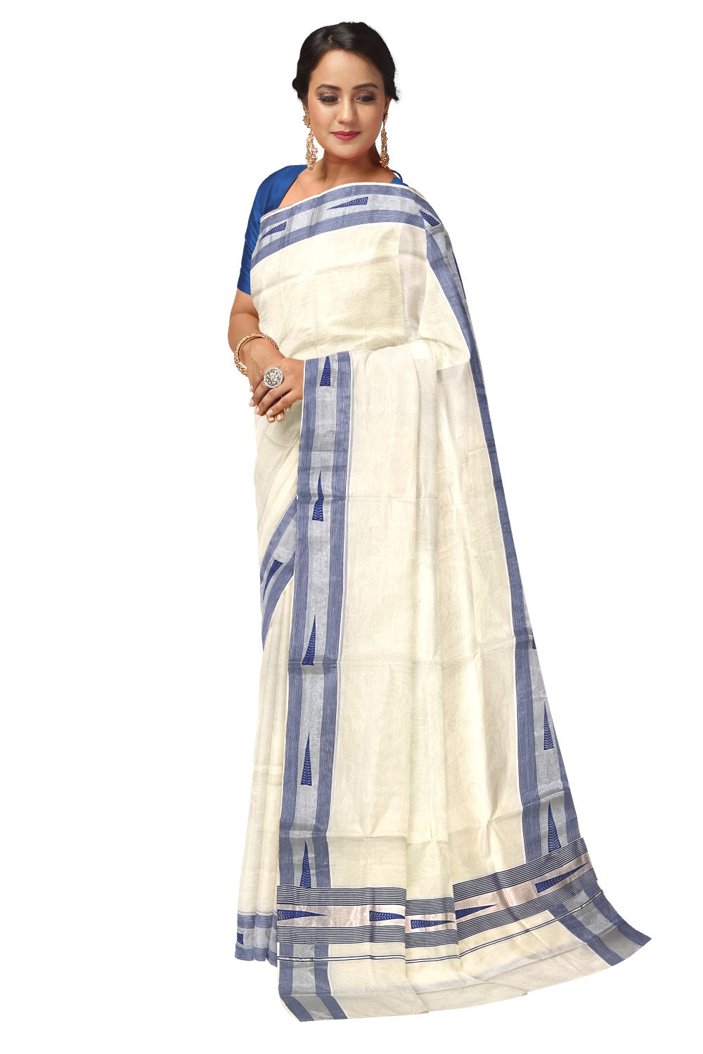 Pure Cotton Kerala Silver Kasavu and Blue Border Saree with Blue Block Prints