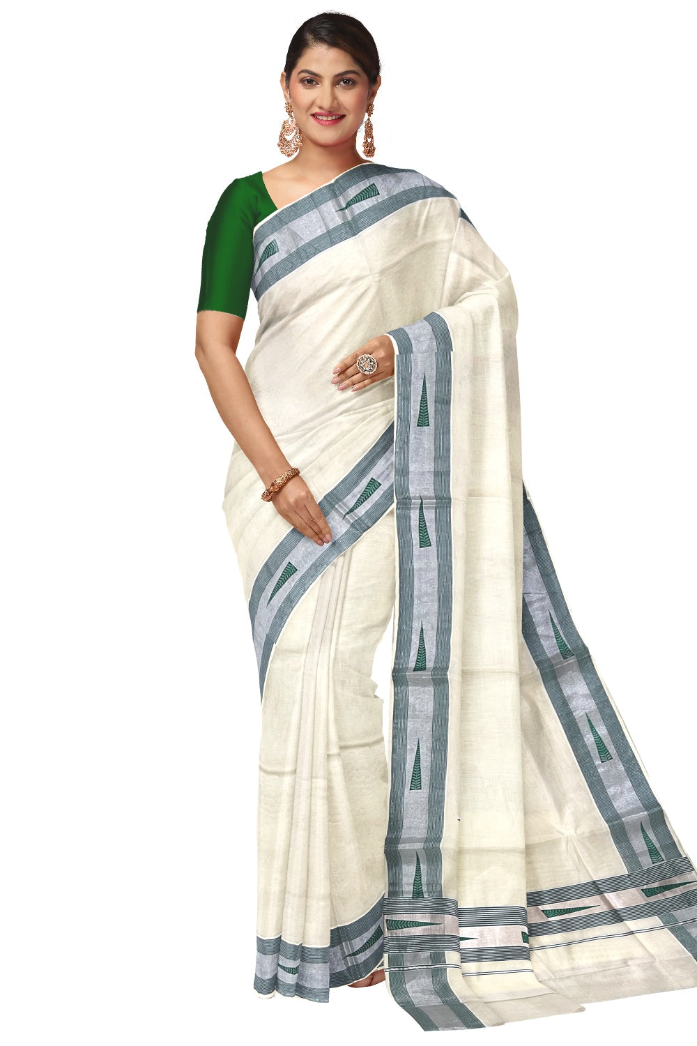 Pure Cotton Kerala Silver Kasavu and Green Border Saree with Green Block Prints