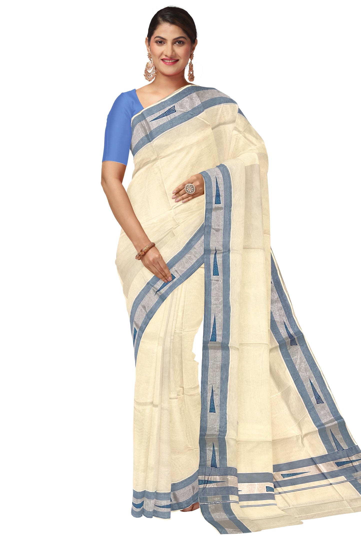 Pure Cotton Kerala Silver Kasavu and Light Blue Border Saree with Light Blue Block Prints