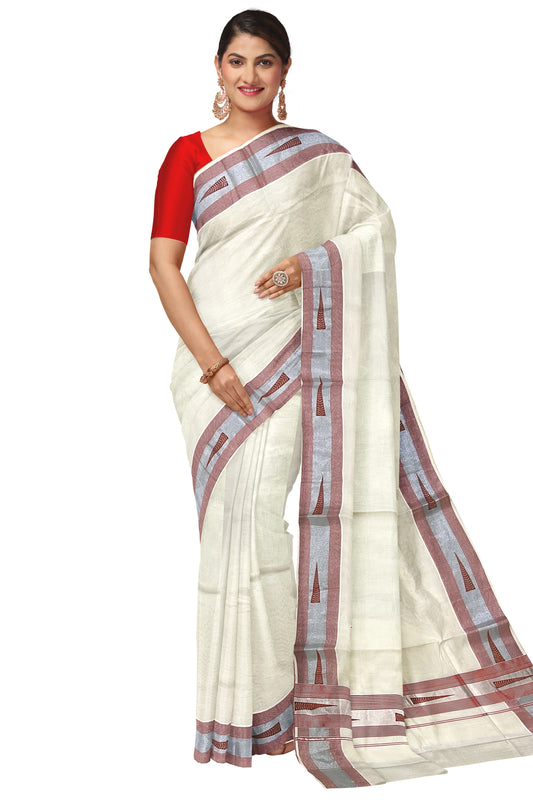 Pure Cotton Kerala Silver Kasavu and Orangish Red Border Saree with Orangish Red Block Prints