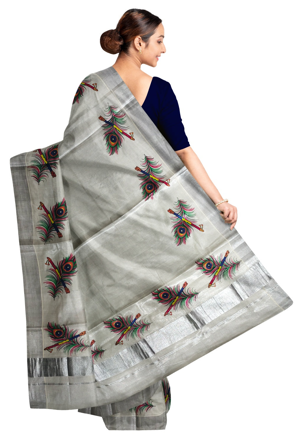 Kerala Silver Tissue Kasavu Onam Saree with Mural Peacock Feather and Flute Design