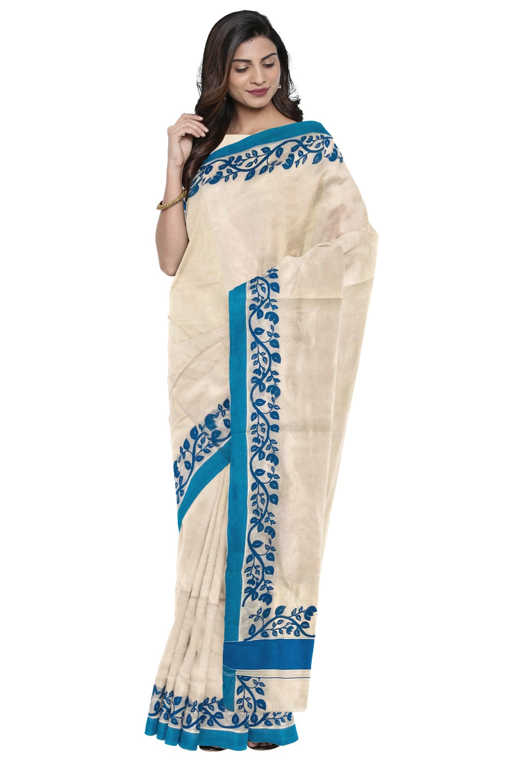 Southloom Original Design Kerala Saree with Blue Floral Vines Block Print