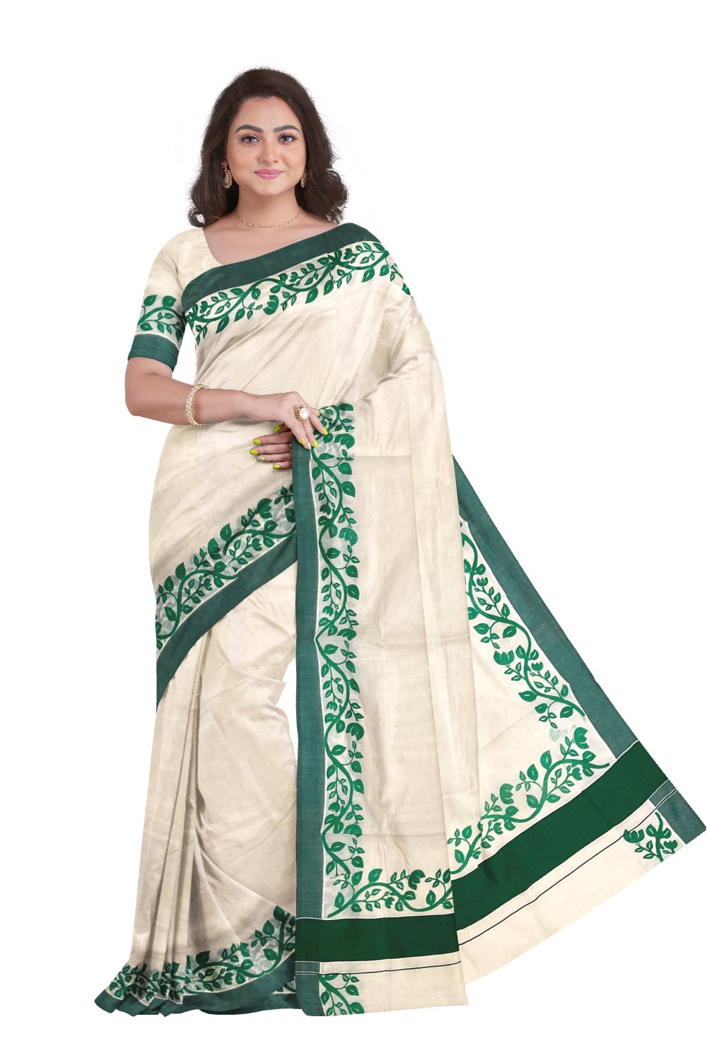 Southloom Original Design Kerala Saree with Green Floral Vines Block Print