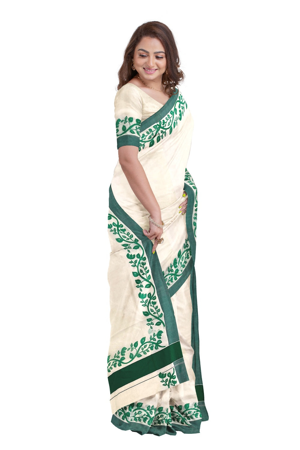 Southloom Original Design Kerala Saree with Green Floral Vines Block Print