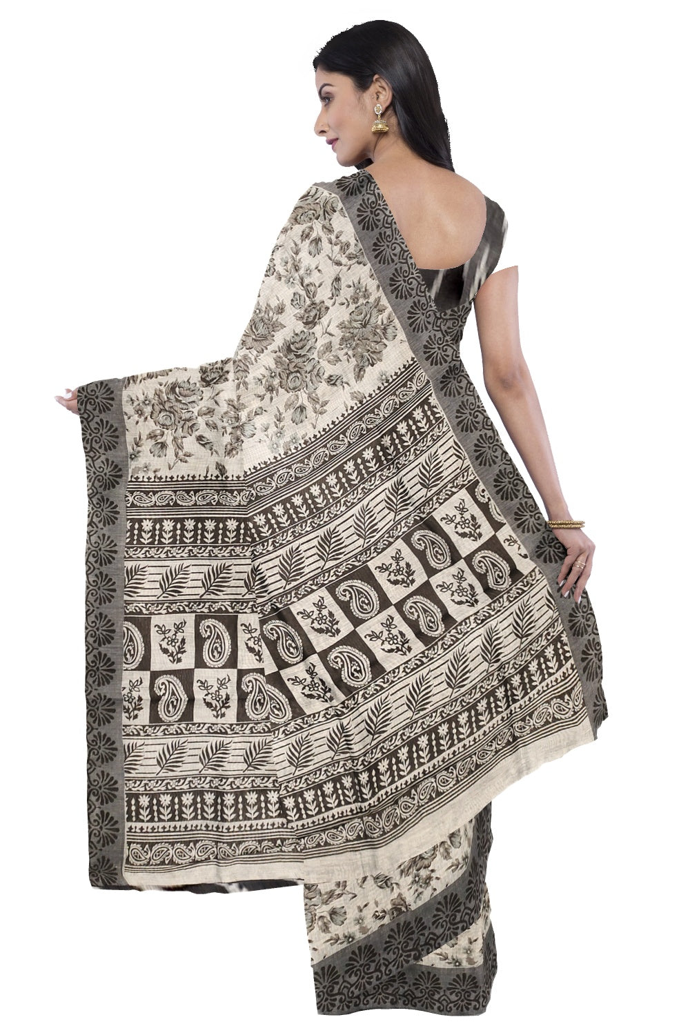 Southloom Pure Cotton White and Black Floral Designer Saree