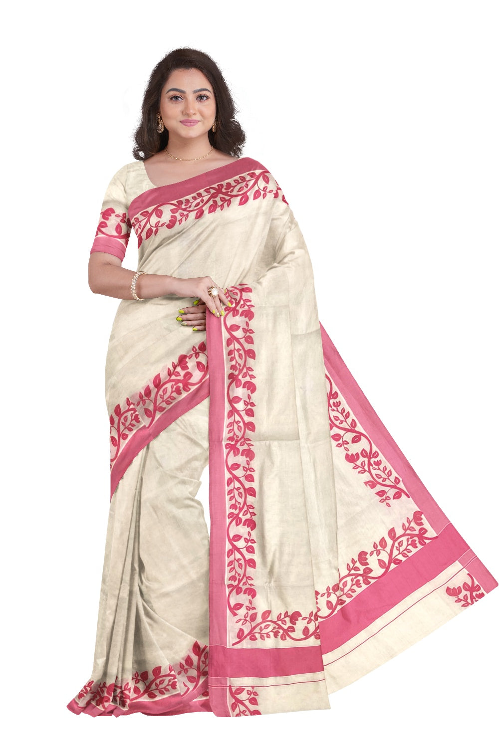 Southloom Original Design Kerala Saree with Pink Floral Vines Block Print