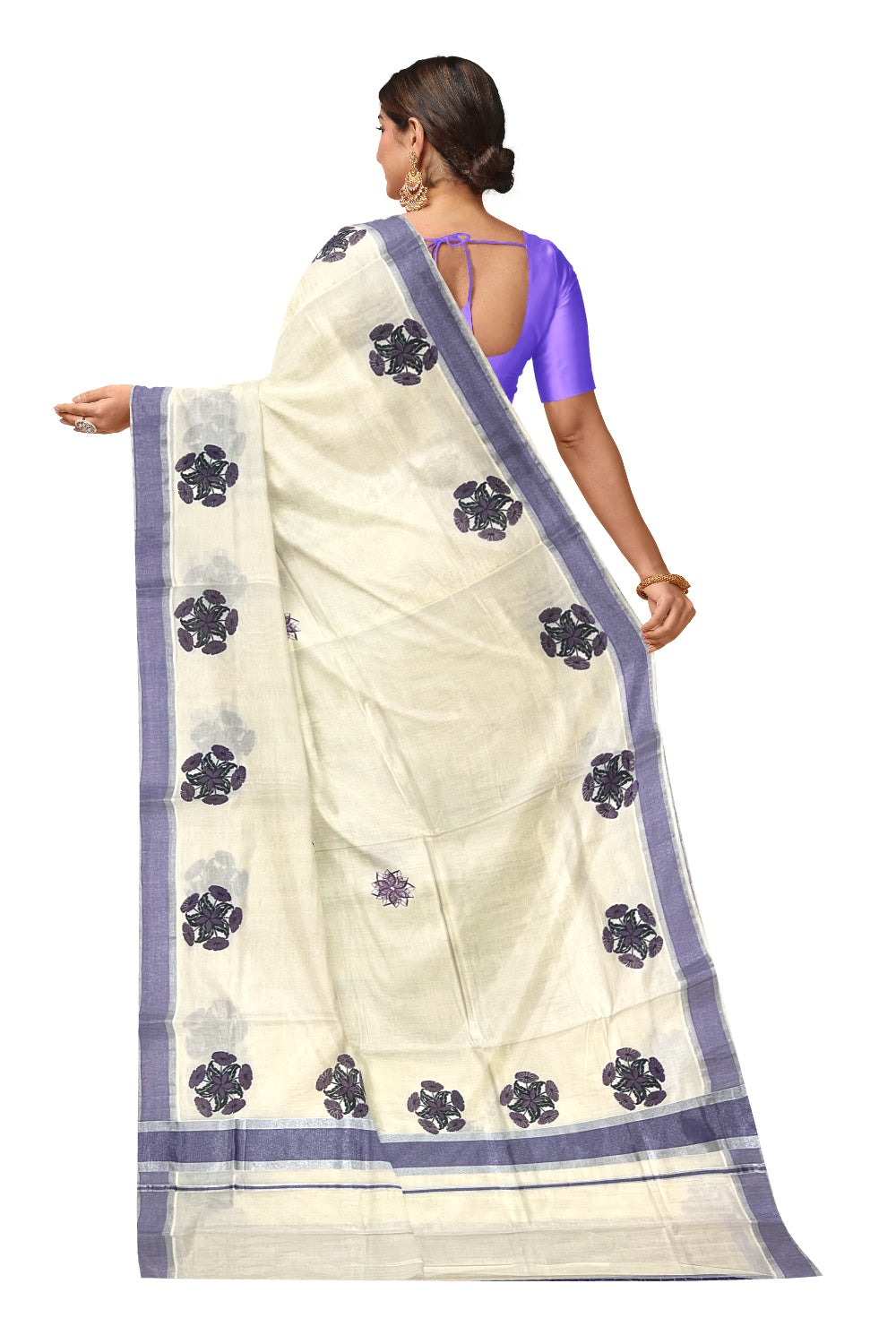 Pure Cotton Kerala Silver Kasavu and Violet Border Saree with Floral Block Prints
