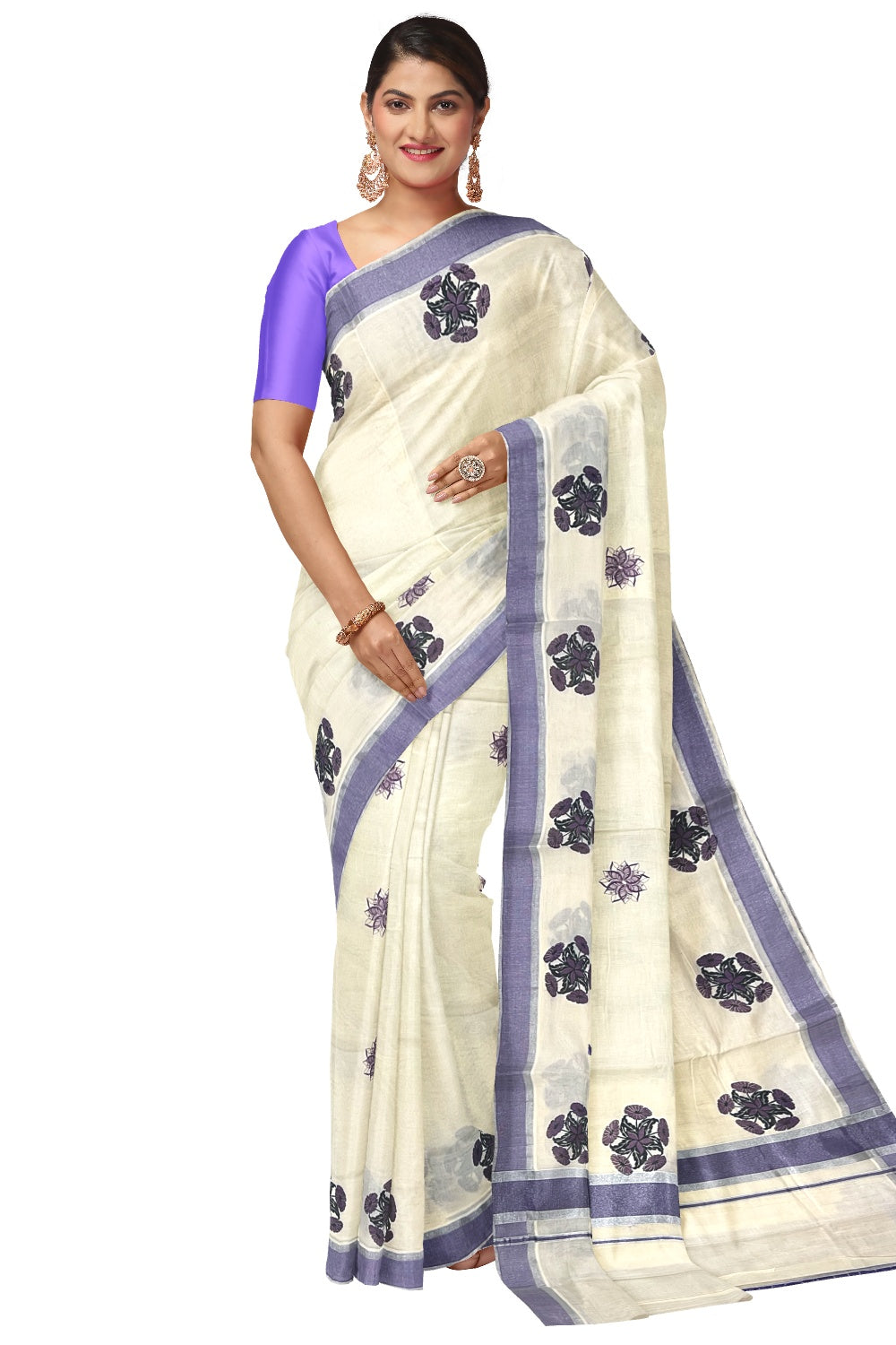 Pure Cotton Kerala Silver Kasavu and Violet Border Saree with Floral Block Prints
