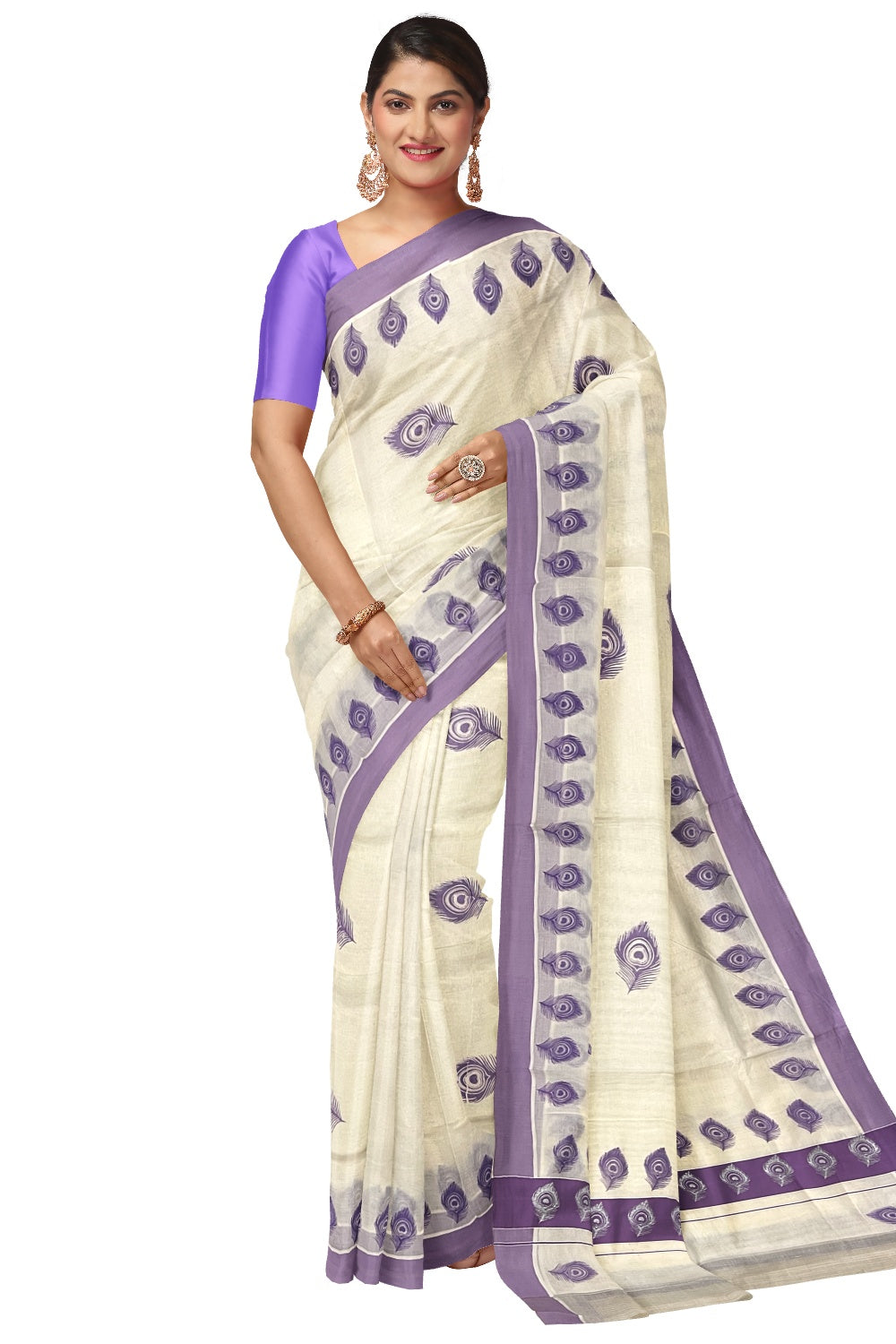 Off White Pure Cotton Kerala Saree with Peacock Feather Block Prints on Violet Border and Tassels on Pallu