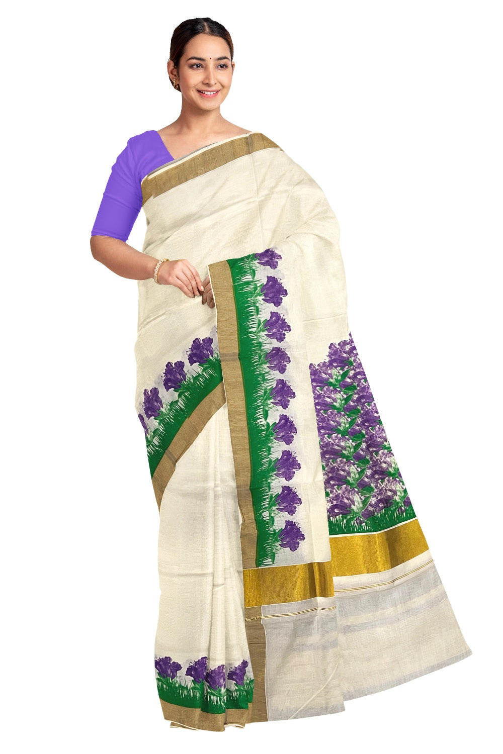Pure Cotton Kerala Kasavu Saree with Green and Violet Floral Block Printed Design