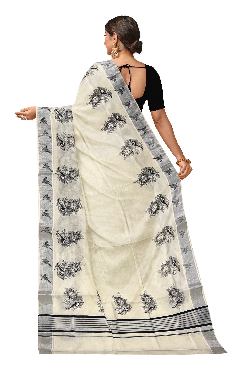 Pure Cotton Kerala Silver Kasavu and Black Border Saree with Krishna and Feather Block Prints