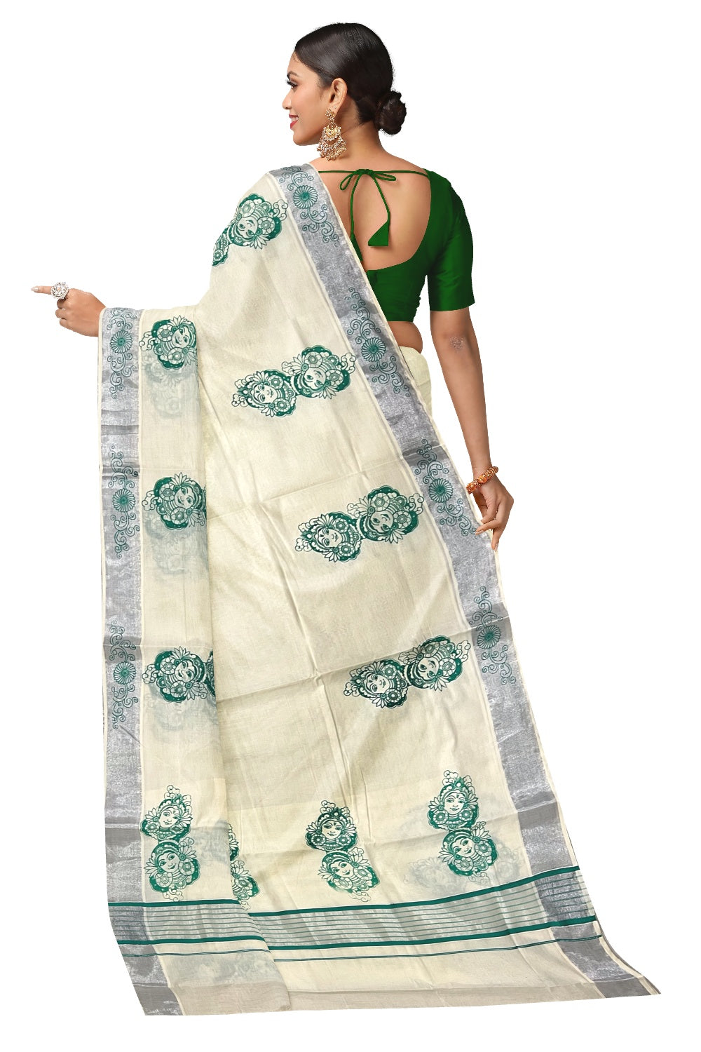 Pure Cotton Kerala Silver Kasavu and Green Border Saree with Krishna Radha Block Prints