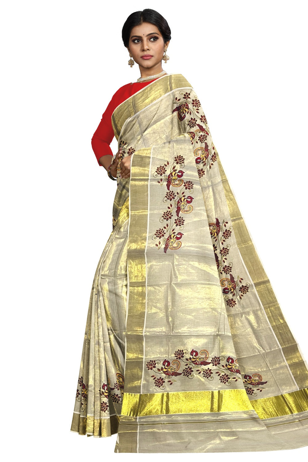 Kerala Tissue Kasavu Saree With Mural Red Peacock and Floral Printed Design